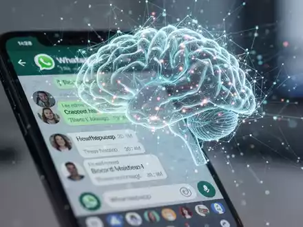 Ein Smartphone mit einer WhatsApp-Chat-Oberfläche, überlagert von einem abstrakten, leuchtenden digitalen Gehirn, das KI symbolisiert. - Foto: über boerse-global.de
