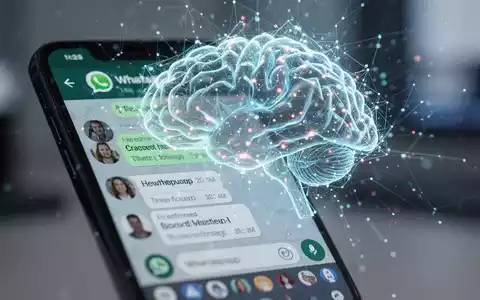 Ein Smartphone mit einer WhatsApp-Chat-Oberfläche, überlagert von einem abstrakten, leuchtenden digitalen Gehirn, das KI symbolisiert. - Foto: über boerse-global.de