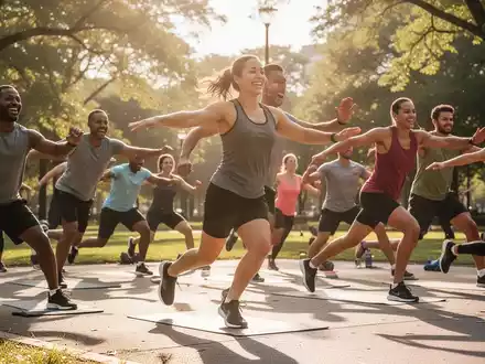 Eine Gruppe von Menschen unterschiedlichen Alters und Fitnesslevels nimmt an einem dynamischen Outdoor-Workout in einem sonnigen Park teil. - Foto: über boerse-global.de