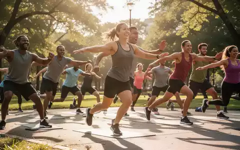 Eine Gruppe von Menschen unterschiedlichen Alters und Fitnesslevels nimmt an einem dynamischen Outdoor-Workout in einem sonnigen Park teil. - Foto: über boerse-global.de