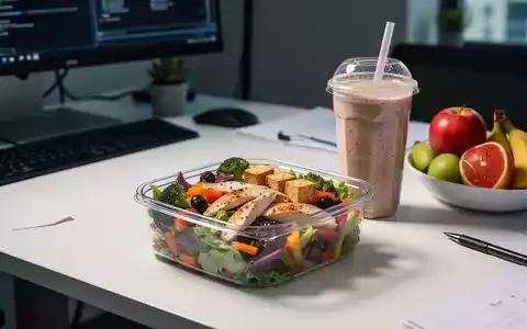 Ein stilisiertes, modernes Büro mit einem gesunden, proteinreichen Mittagessen in einer Meal-Prep-Box auf dem Schreibtisch. - Foto: über boerse-global.de