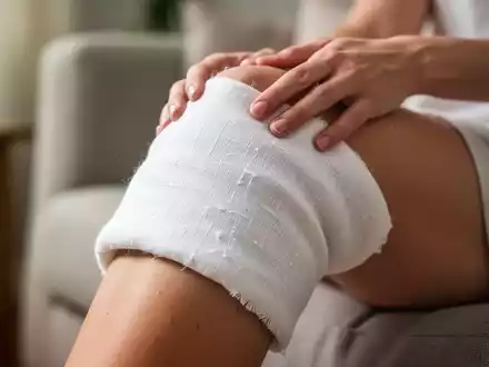 Ein Knie ist mit einem kühlen, weißen Wickel umwickelt, der Linderung bei Entzündungen verspricht. - Foto: über boerse-global.de