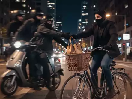 Zwei Personen auf einem Roller stehlen eine Tasche aus einem Fahrradkorb in einer nächtlichen Stadtlandschaft. - Foto: über boerse-global.de
