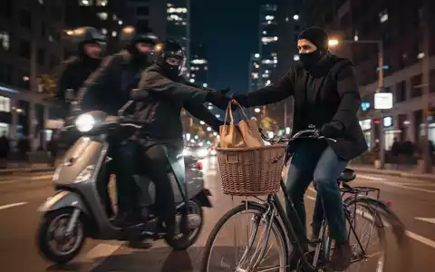 Zwei Personen auf einem Roller stehlen eine Tasche aus einem Fahrradkorb in einer nächtlichen Stadtlandschaft. - Foto: über boerse-global.de