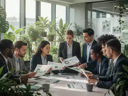 Geschäftsleute in einem modernen Büro, die Dokumente zu Umweltmanagement und Nachhaltigkeit prüfen, mit viel Grünpflanzen. - Foto: über boerse-global.de