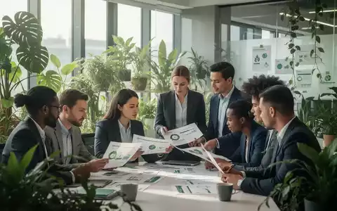 Geschäftsleute in einem modernen Büro, die Dokumente zu Umweltmanagement und Nachhaltigkeit prüfen, mit viel Grünpflanzen. - Foto: über boerse-global.de