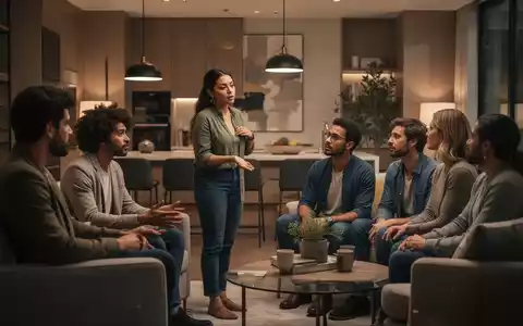 Eine Gruppe von Freunden in einem modernen Apartment, die sich unterhält, wobei eine Person subtil die Interaktion steuert. - Foto: über boerse-global.de