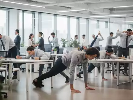 Büroangestellte führen leichte Rumpfübungen im Stehen und Sitzen in einem modernen Büro aus, um Rückenschmerzen vorzubeugen. - Foto: über boerse-global.de