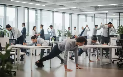 Büroangestellte führen leichte Rumpfübungen im Stehen und Sitzen in einem modernen Büro aus, um Rückenschmerzen vorzubeugen. - Foto: über boerse-global.de