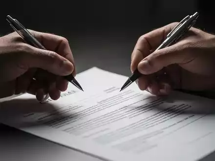 Zwei Hände über einem Vertrag, eine Hand hält einen Stift. Fokus auf die Entscheidungssituation bei Vertragsunterzeichnung. - Foto: über boerse-global.de