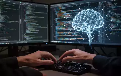 Hände eines Softwareentwicklers tippen auf einer Tastatur, im Hintergrund Bildschirme mit Code und einer KI-Visualisierung. - Foto: über boerse-global.de