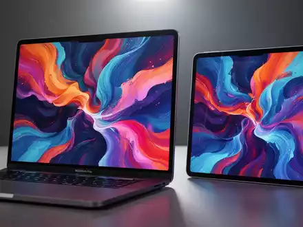 Nahaufnahme eines MacBook Pro und iPad Pro mit lebendiger, farbenfroher abstrakter digitaler Kunst auf OLED-Bildschirmen. - Foto: über boerse-global.de