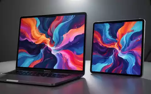 Nahaufnahme eines MacBook Pro und iPad Pro mit lebendiger, farbenfroher abstrakter digitaler Kunst auf OLED-Bildschirmen. - Foto: über boerse-global.de
