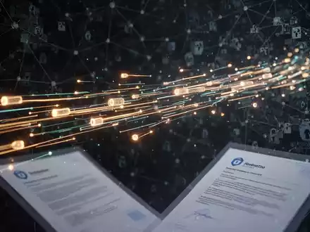 Abstrakte Visualisierung von sicherem, schnellem Datenfluss in serverloser Architektur, kontrastiert mit fragmentierten Netzwerkmustern, die Cyberbedrohungen darstellen. - Foto: über boerse-global.de