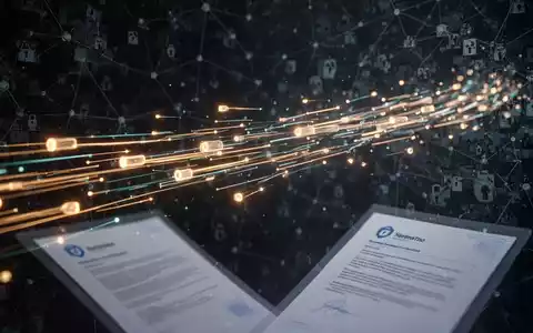 Abstrakte Visualisierung von sicherem, schnellem Datenfluss in serverloser Architektur, kontrastiert mit fragmentierten Netzwerkmustern, die Cyberbedrohungen darstellen. - Foto: über boerse-global.de