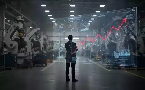Eine einzelne, silhouettierte Figur in einem Anzug steht in einer Fabrikhalle vor einem digitalen Bildschirm mit Datenvisualisierungen. - Foto: über boerse-global.de