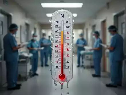 Ein Thermometer zeigt extreme Hitze an, im Hintergrund verschwommen Büroangestellte oder ein Krankenhausflur. - Foto: über boerse-global.de