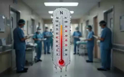 Ein Thermometer zeigt extreme Hitze an, im Hintergrund verschwommen Büroangestellte oder ein Krankenhausflur. - Foto: über boerse-global.de