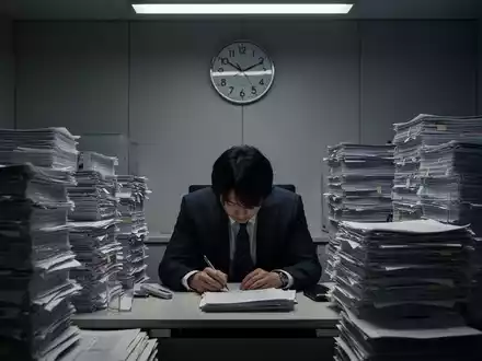 Eine erschöpfte japanische Geschäftsfrau sitzt nachts in einem minimalistischen Büro, umgeben von Stapeln von Dokumenten. - Foto: über boerse-global.de