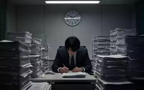 Eine erschöpfte japanische Geschäftsfrau sitzt nachts in einem minimalistischen Büro, umgeben von Stapeln von Dokumenten. - Foto: über boerse-global.de