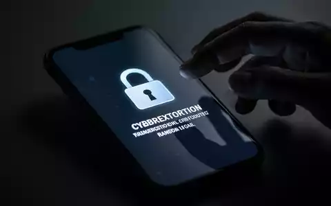 Smartphone-Bildschirm mit Schloss-Symbol und Lösegeldnachricht, überlagert von einer Schattenhand, die Cyber-Erpressung symbolisiert. - Foto: über boerse-global.de