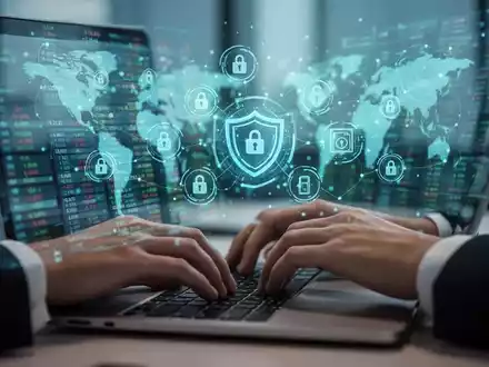 Hände tippen auf einer Laptoptastatur, mit Cyberbetrug-Warnungen und Finanzdaten auf dem Bildschirm. Ein Symbol für Online-Sicherheit. - Foto: über boerse-global.de