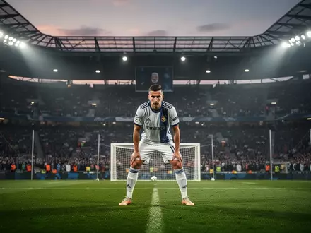 Ein Fußballspieler konzentriert sich auf einen Elfmeter in einem großen Stadion, umgeben von dramatischem Licht und einer verschwommenen Menschenmenge. - Foto: über boerse-global.de