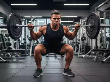 Eine muskulöse Person führt in einem modernen Fitnessstudio eine Langhantel-Kniebeuge aus. - Foto: über boerse-global.de