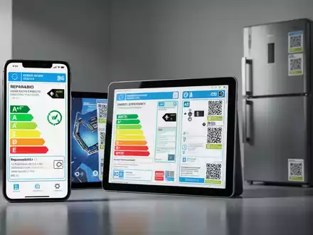 Digitale Energieeffizienz-Labels auf elektronischen Geräten wie Smartphone, Tablet und Kühlschrank, mit QR-Codes für B2B-Produkte. - Foto: über boerse-global.de