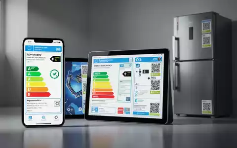 Digitale Energieeffizienz-Labels auf elektronischen Geräten wie Smartphone, Tablet und Kühlschrank, mit QR-Codes für B2B-Produkte. - Foto: über boerse-global.de