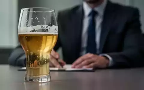 Ein unscharfes Glas Bier oder Wein auf einem Tisch, im Hintergrund eine Person in formeller Kleidung, die ein Vorstellungsgespräch andeutet. - Foto: über boerse-global.de