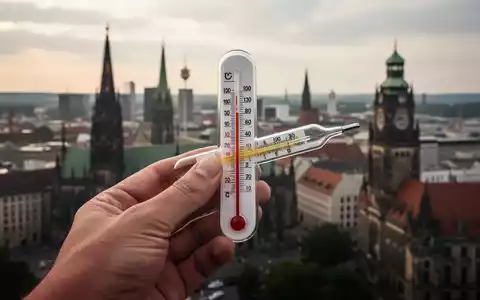 Ein Thermometer zeigt hohe Temperaturen an, im Hintergrund eine verschwommene deutsche Stadtlandschaft. Symbolisiert Hitzeschutzpflicht und finanzielle Belastung. - Foto: über boerse-global.de