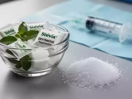 Ein Glas mit Süßstoffen neben einem Haufen Zucker, im Hintergrund eine Spritze. Symbolisiert die Debatte um Zucker und Abnehmspritzen. - Foto: über boerse-global.de