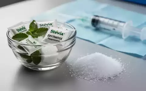 Ein Glas mit Süßstoffen neben einem Haufen Zucker, im Hintergrund eine Spritze. Symbolisiert die Debatte um Zucker und Abnehmspritzen. - Foto: über boerse-global.de
