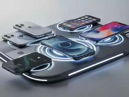 Smartphones verschiedener Marken, darunter Apple, Google und Xiaomi, laden kabellos auf einem futuristischen Pad. - Foto: über boerse-global.de