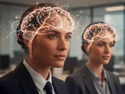 Zwei Personen mit subtil leuchtenden, verbundenen neuronalen Pfaden um ihre Köpfe, die synchronisierte Gehirnaktivität symbolisieren. - Foto: über boerse-global.de