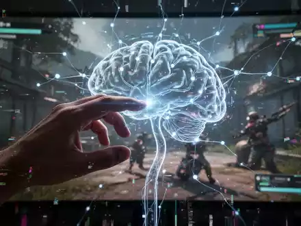 Hand über einer leuchtenden KI-Oberfläche, dahinter eine glitchige Videospielszene, die KI's umstrittene Rolle in der Spieleentwicklung symbolisiert. - Foto: über boerse-global.de