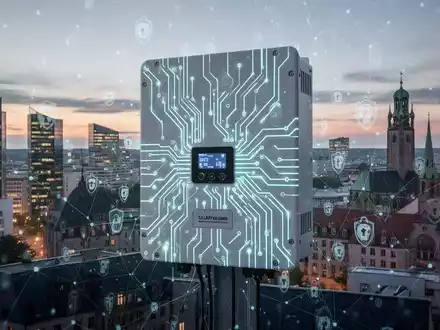Solar-Wechselrichter mit leuchtenden Schaltkreisen, überlagert mit Cybersicherheitsnetzlinien, vor deutscher Stadtlandschaft in der Dämmerung. - Foto: über boerse-global.de