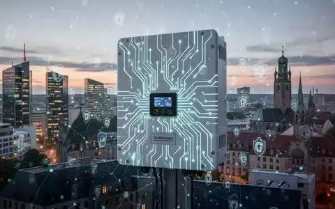 Solar-Wechselrichter mit leuchtenden Schaltkreisen, überlagert mit Cybersicherheitsnetzlinien, vor deutscher Stadtlandschaft in der Dämmerung. - Foto: über boerse-global.de