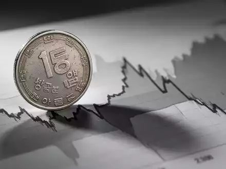 Eine koreanische Won-Münze auf einem Finanzdiagramm, das einen starken Kursrückgang zeigt, symbolisiert den Ausverkauf der Kmw-Aktie. - Foto: über boerse-global.de