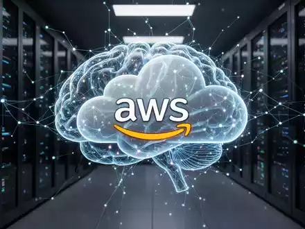 Eine stilisierte KI-Grafik, die mit dem Amazon Web Services (AWS) Cloud-Logo verschmilzt, vor einem dunklen Rechenzentrumshintergrund. - Foto: über boerse-global.de
