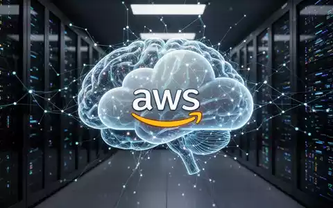 Eine stilisierte KI-Grafik, die mit dem Amazon Web Services (AWS) Cloud-Logo verschmilzt, vor einem dunklen Rechenzentrumshintergrund. - Foto: über boerse-global.de