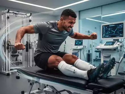Ein Profisportler, möglicherweise ein Fußballspieler, absolviert eine intensive Physiotherapie für eine Beinverletzung in einer modernen Rehaklinik. - Foto: über boerse-global.de