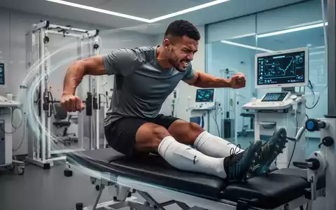 Ein Profisportler, möglicherweise ein Fußballspieler, absolviert eine intensive Physiotherapie für eine Beinverletzung in einer modernen Rehaklinik. - Foto: über boerse-global.de