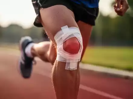 Nahaufnahme des Knies eines Läufers mit Sporttape, das Belastung oder Verletzung andeutet, während er auf einer Strecke läuft. - Foto: über boerse-global.de