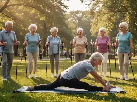 Senioren beim Nordic Walking und Pilates im Park, symbolisch für Gelenkschonung und Arthrose-Prävention. - Foto: über boerse-global.de