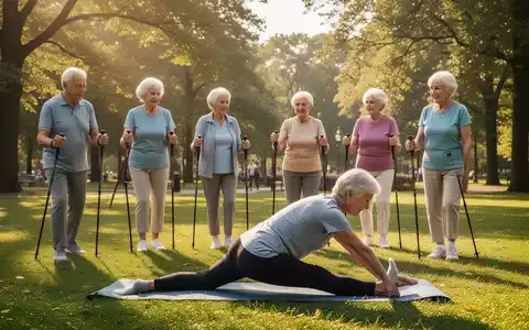 Senioren beim Nordic Walking und Pilates im Park, symbolisch für Gelenkschonung und Arthrose-Prävention. - Foto: über boerse-global.de