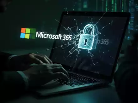 Eine dunkle Figur tippt auf einem Laptop, auf dessen Bildschirm ein gebrochenes digitales Schloss und ein Microsoft 365 Logo zu sehen sind. - Foto: über boerse-global.de