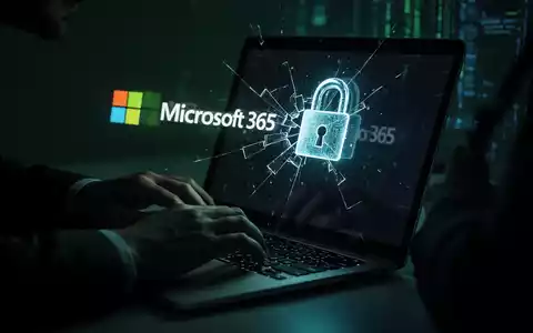 Eine dunkle Figur tippt auf einem Laptop, auf dessen Bildschirm ein gebrochenes digitales Schloss und ein Microsoft 365 Logo zu sehen sind. - Foto: über boerse-global.de