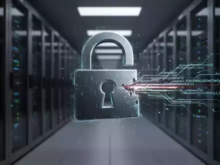 Ein stilisiertes, digitales Vorhängeschloss, das sich teilweise öffnet, mit leuchtenden Codezeilen vor einem unscharfen Serverraum. - Foto: über boerse-global.de